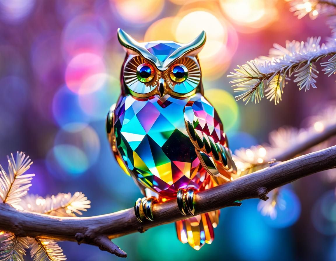 Crystalline Jeweled Owl Perched on Branch