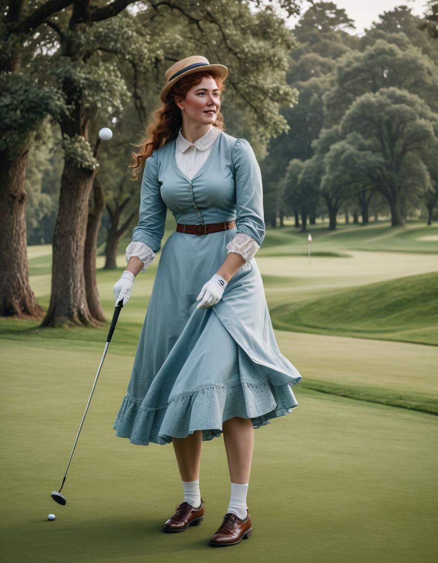 Victorian Woman Golfer in Light Blue Dress