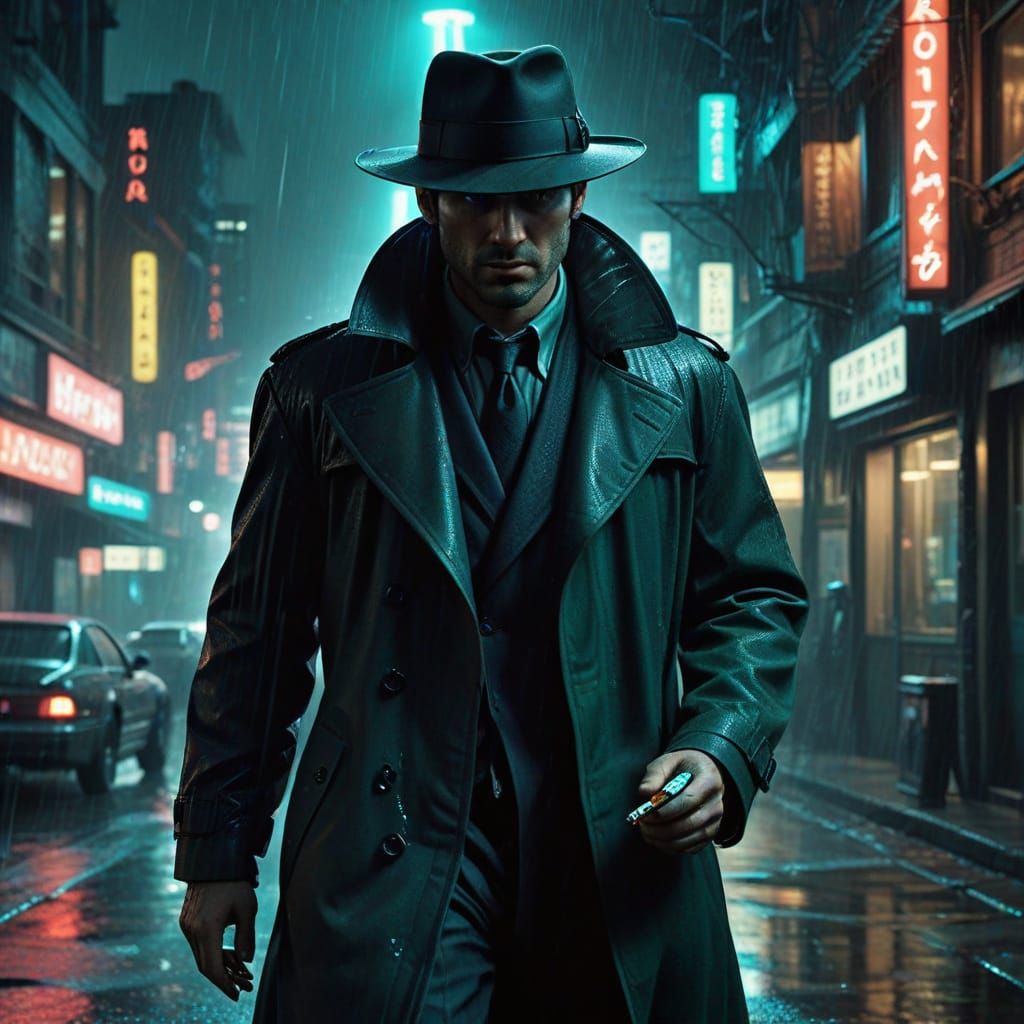 Cyberpunk Detective in Rainy Cityscape