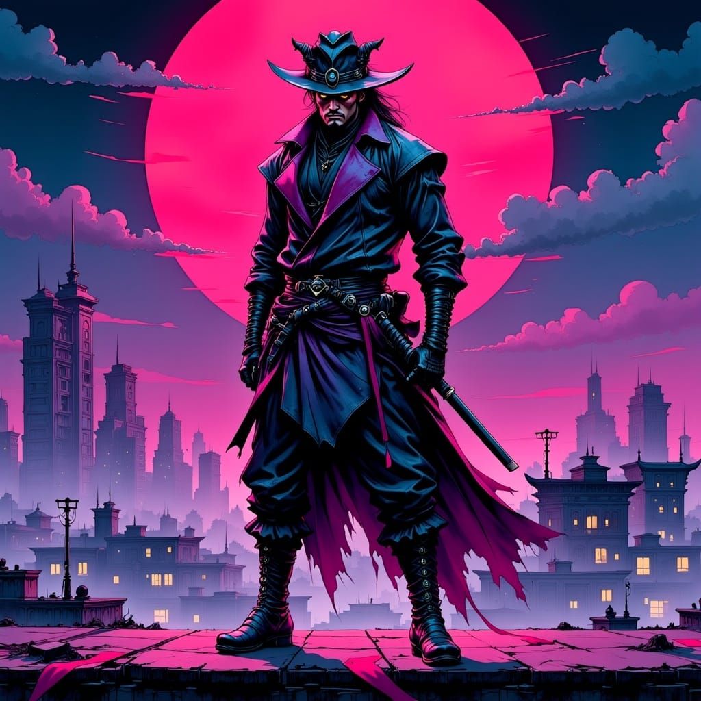 Cyberpunk Samurai with Katana on Neon Rooftop