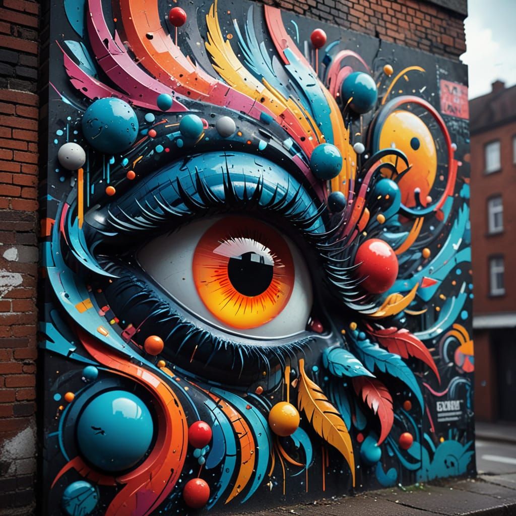 Fantastical Graffiti Creature on City Wall in Vibrant Street...