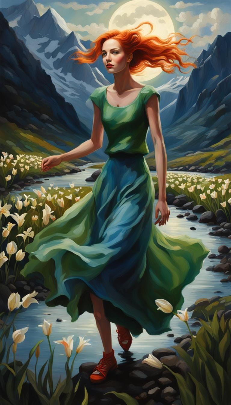 Hyperrealistic Portrait of Redhead Dancing Under Moonlight