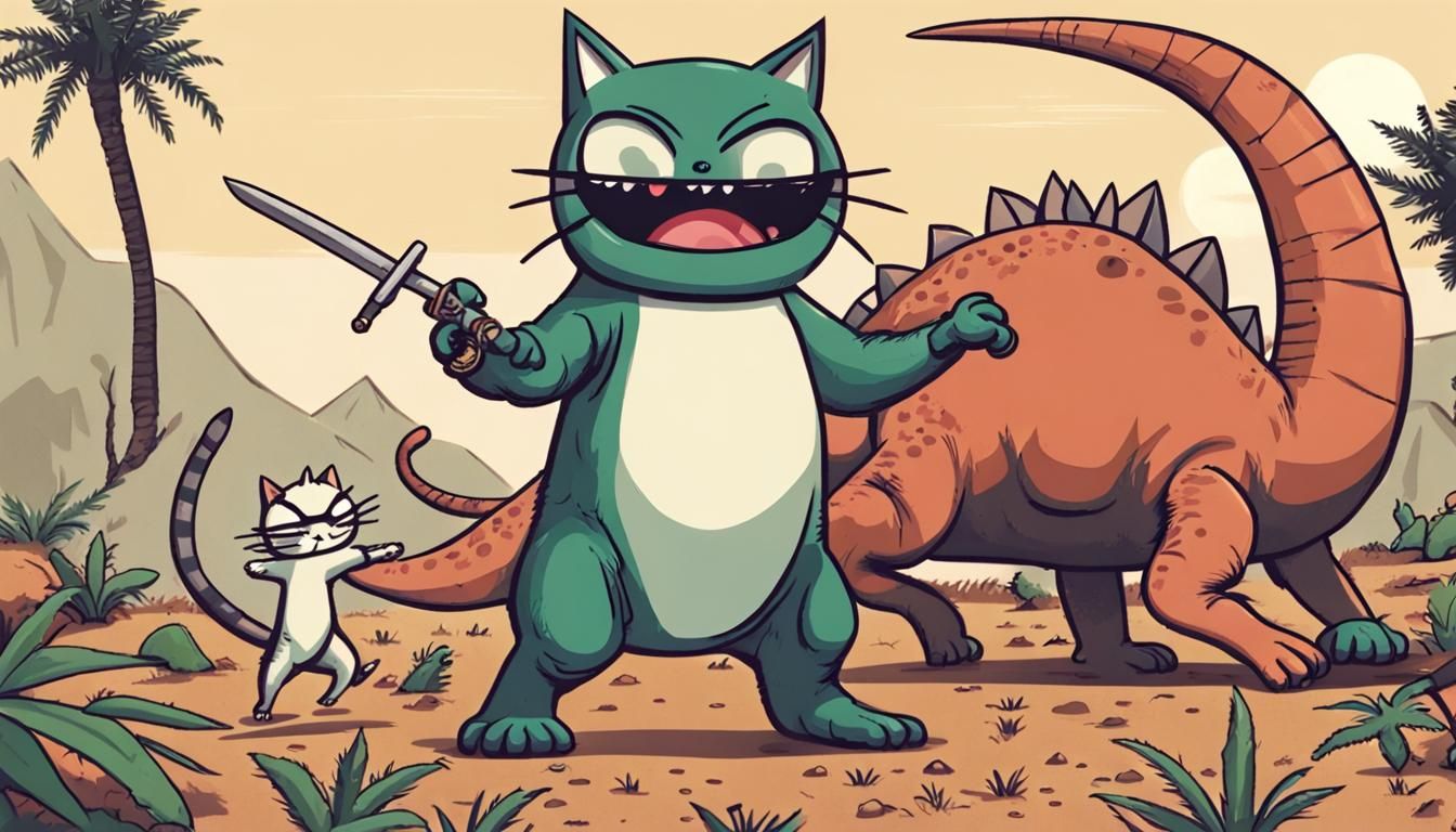 Ninja Cat Rides Dinosaur into Battle