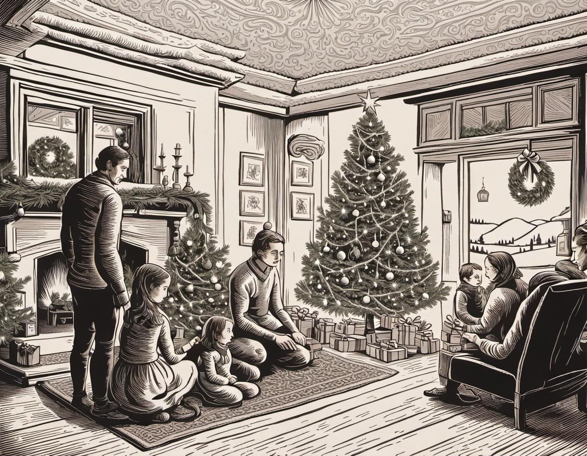 Christmas Family Scene in Woodcut Style