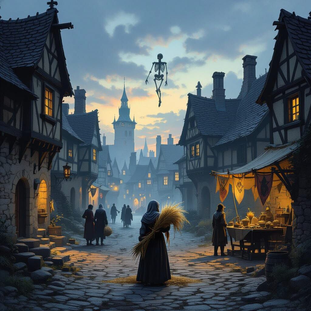 14th Century Town at Dusk with Plague Victims and Death
