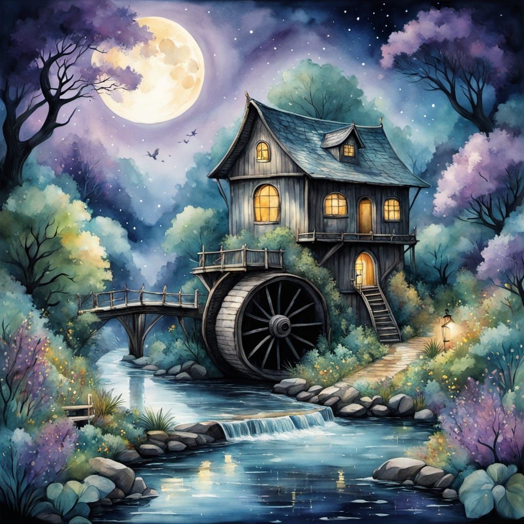 Whimsical Fantasy Village Under Celestial Waterwheel