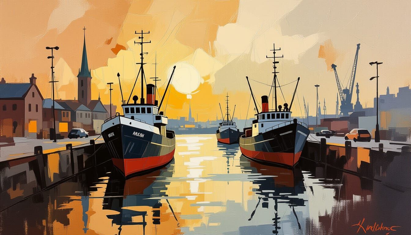Kafkaesque Autumn Harbor Scene with Ships