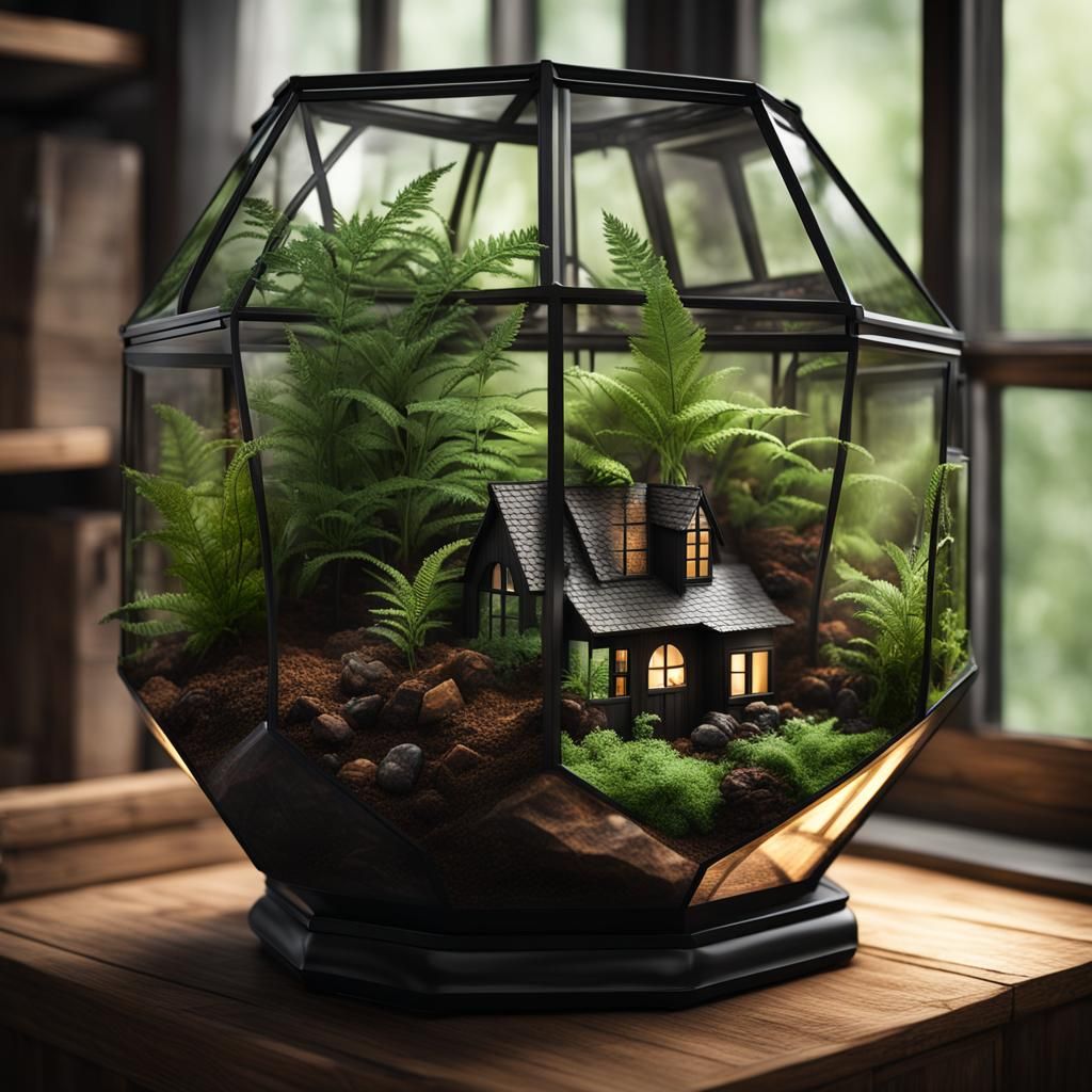 Detailed Dodecahedron Terrarium with Fern and Plants