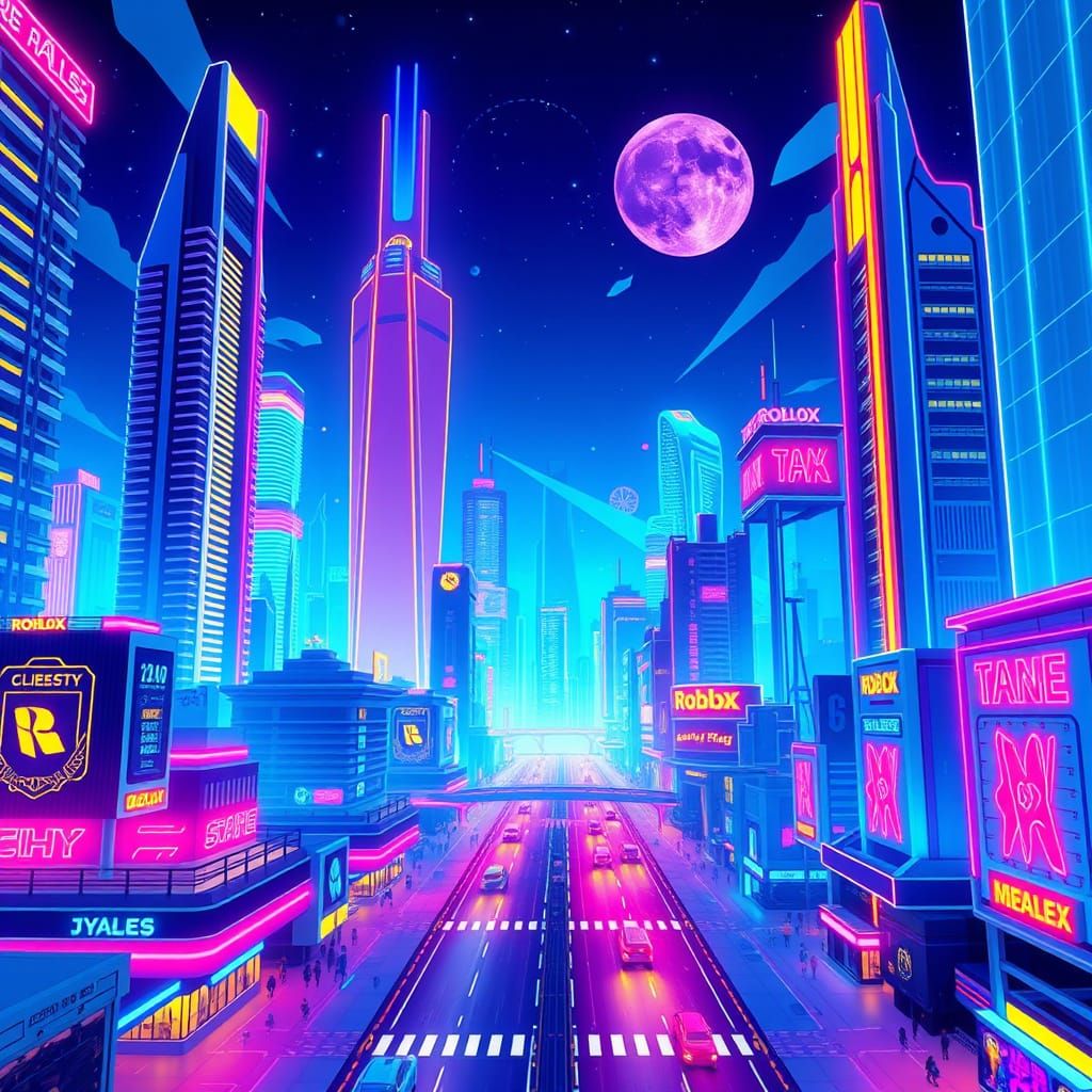 Vibrant Roblox Cityscape in Neon Futurism Style