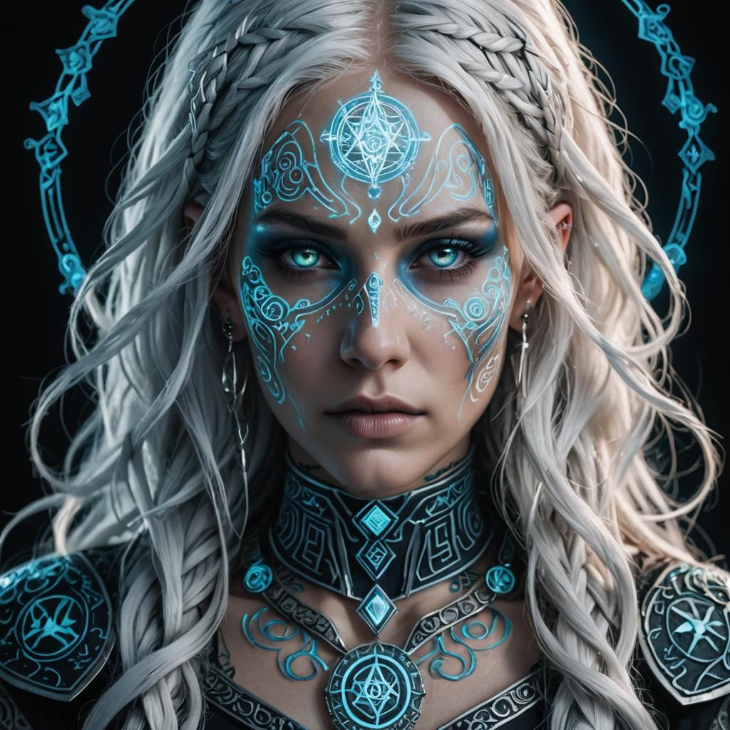 Mysterious Woman with Bioluminescent Runic Tattoos