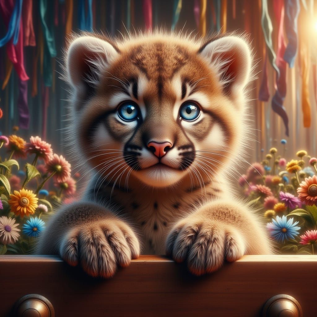 Cute Fluffy Mountain Lion Cub with Blue Eyes