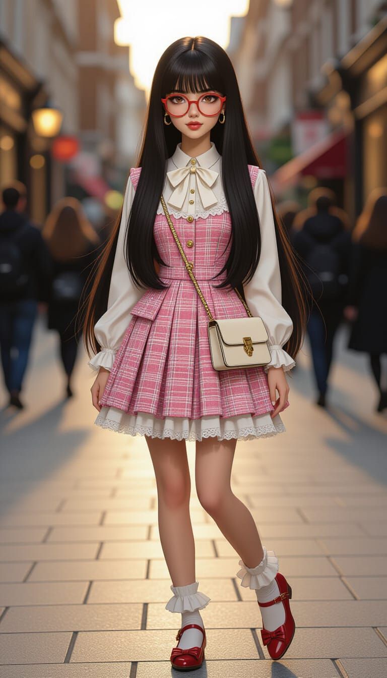 Fashion Sketch: Woman in Pink Tweed Dress on London Street