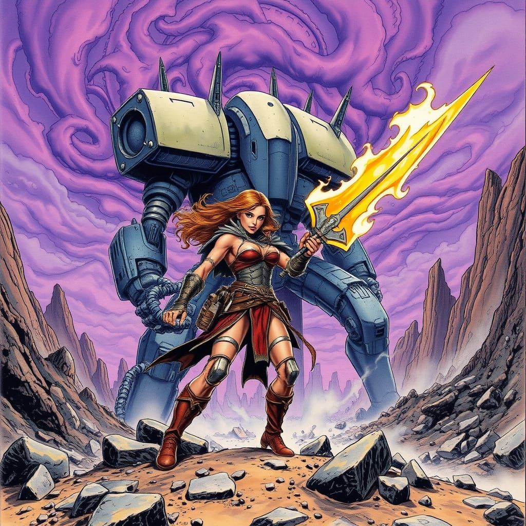 Female Warrior on Alien Battlefield in Comic Art Style