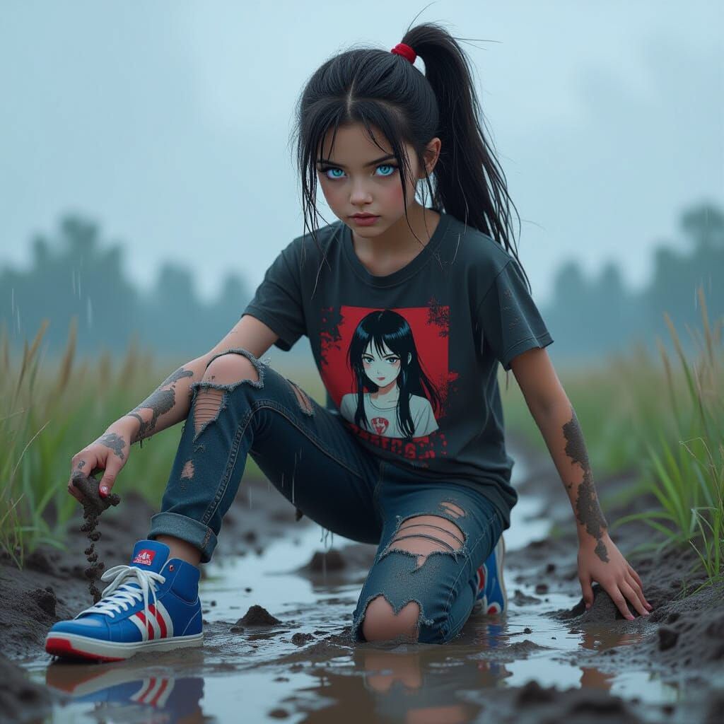 Girl Kicking Mud in Rainy Field: Digital Matte Painting