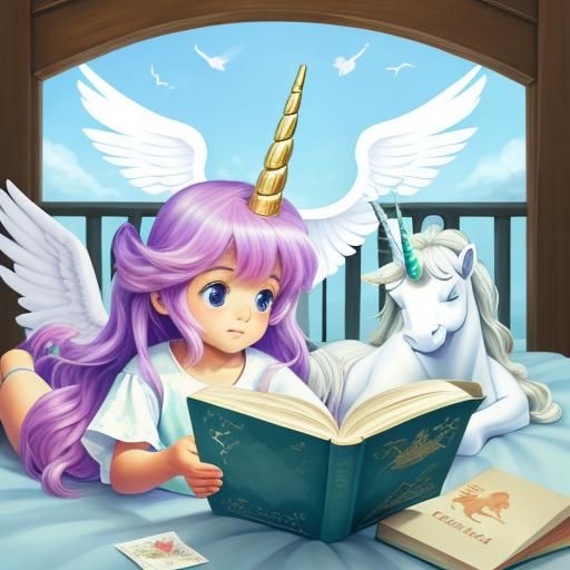 Angel Reading on Unicorn: A Whimsical Scene