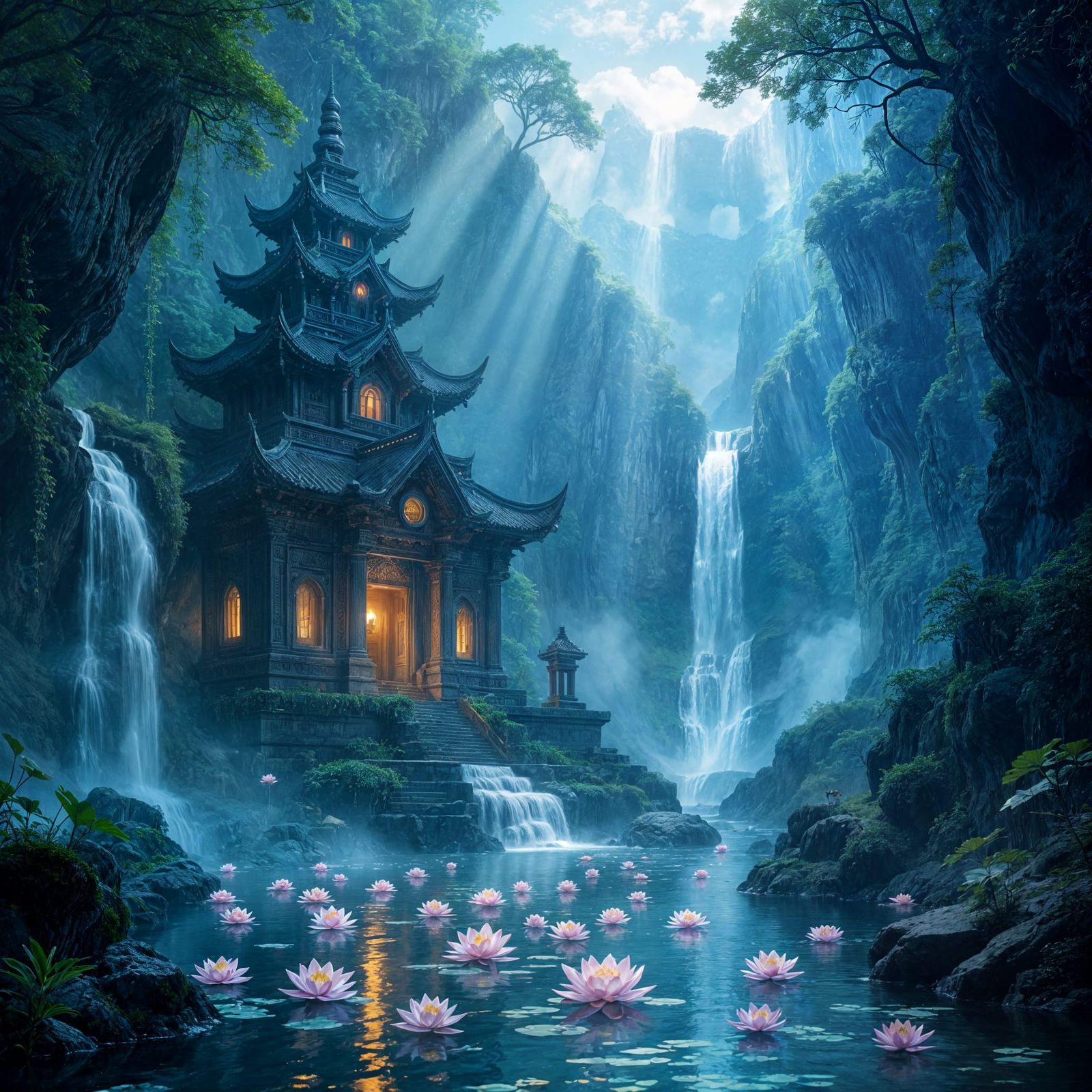 Serene Hidden Temple in Twilight Valley with Ascending Water...