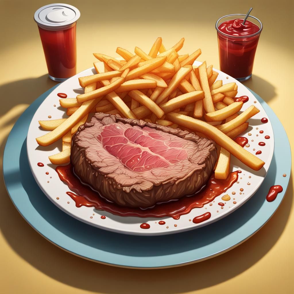 Hyperrealistic Roast Beef and Fries, Splash Art