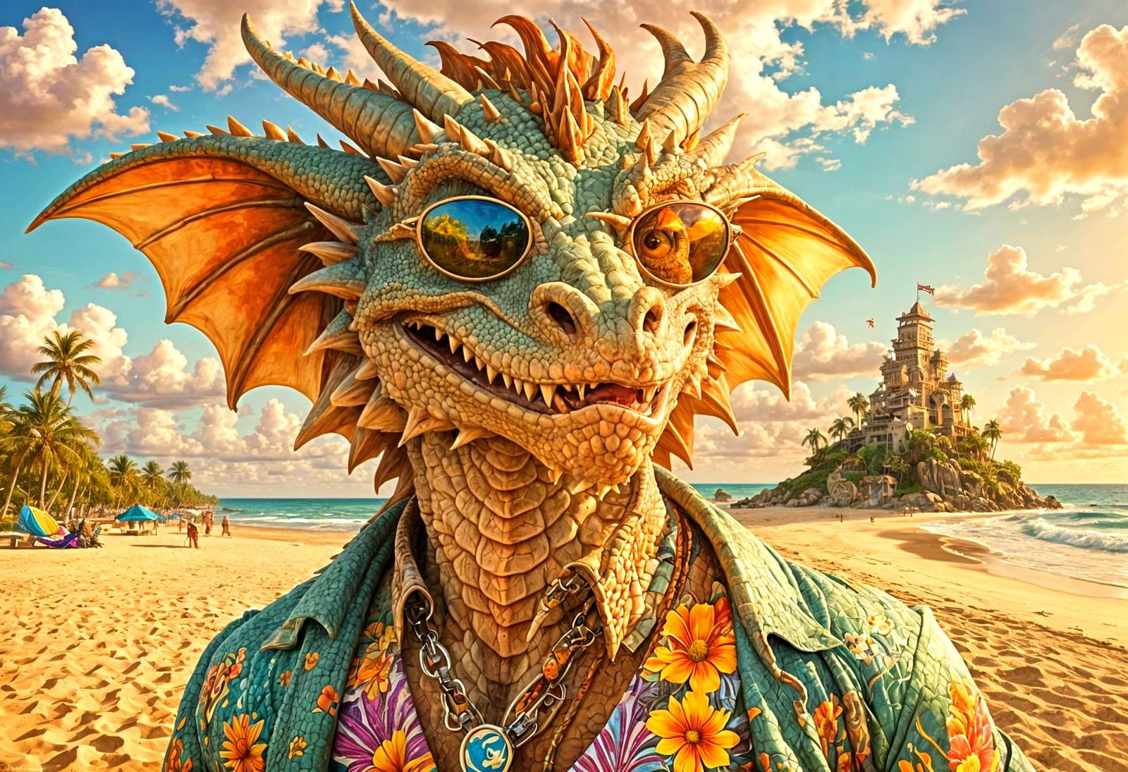 Surreal Hipster Dragon Portrait on Tropical Beach