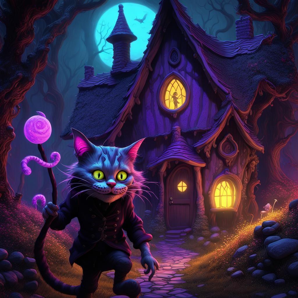 Cheshire Cat Leads Hansel and Gretel: Black Light Art