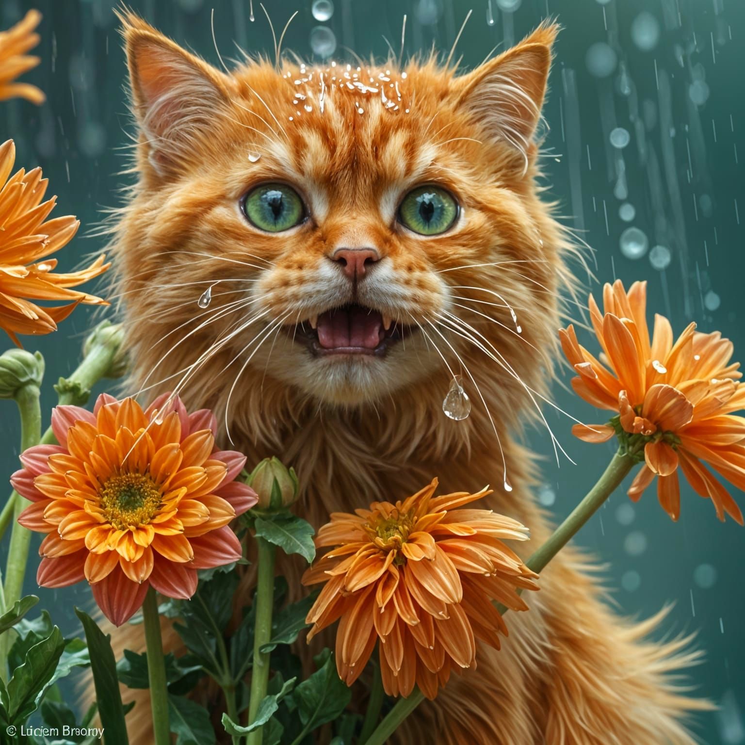 Happy Wet Orange Persian Cat in Rain