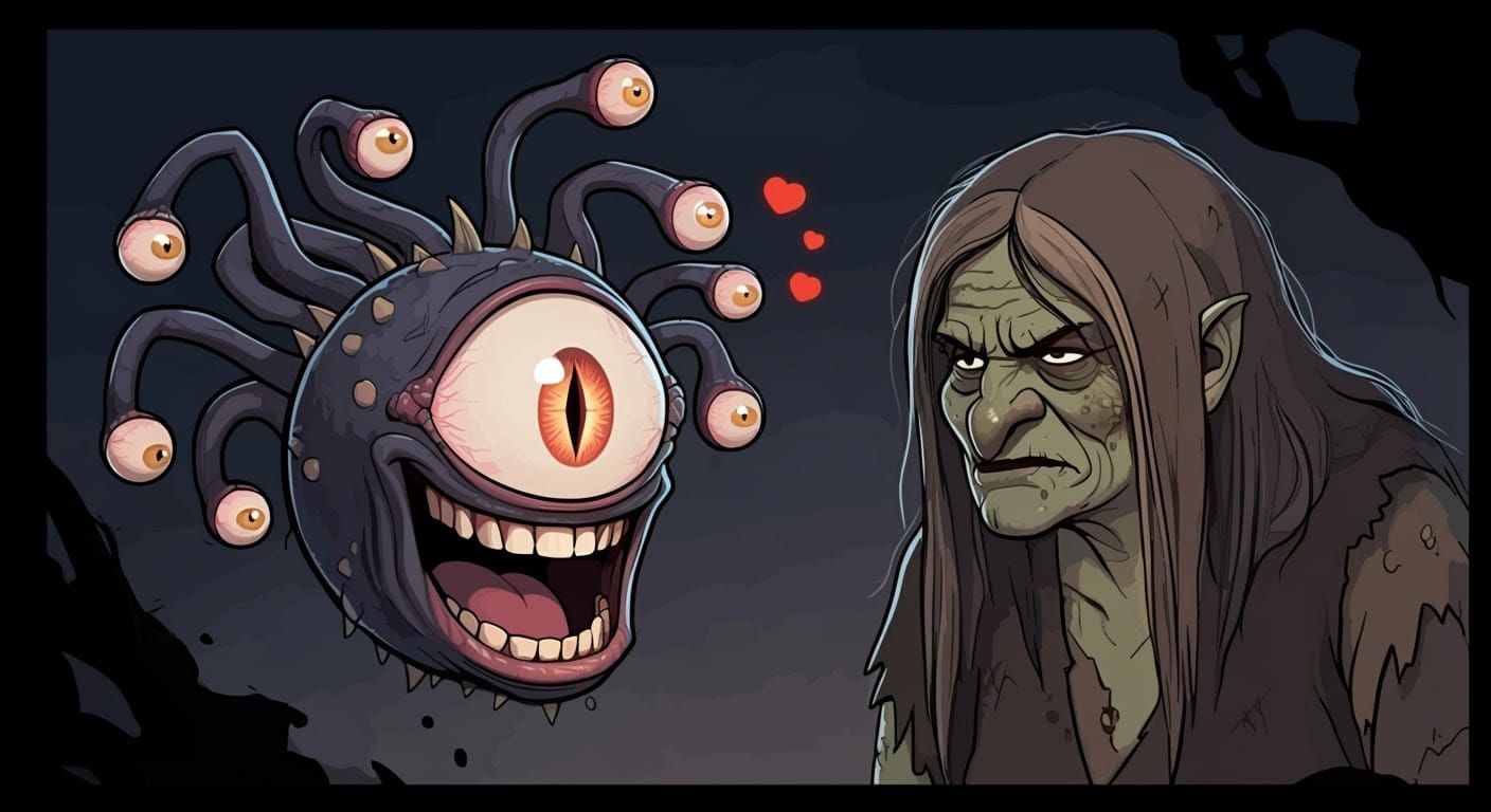 Beholder's Goofy Love: Comic Cartoon Scene