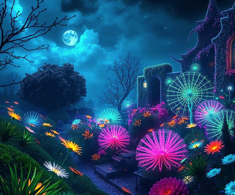 Ethereal Bioluminescent Garden Drifting Through Abyss