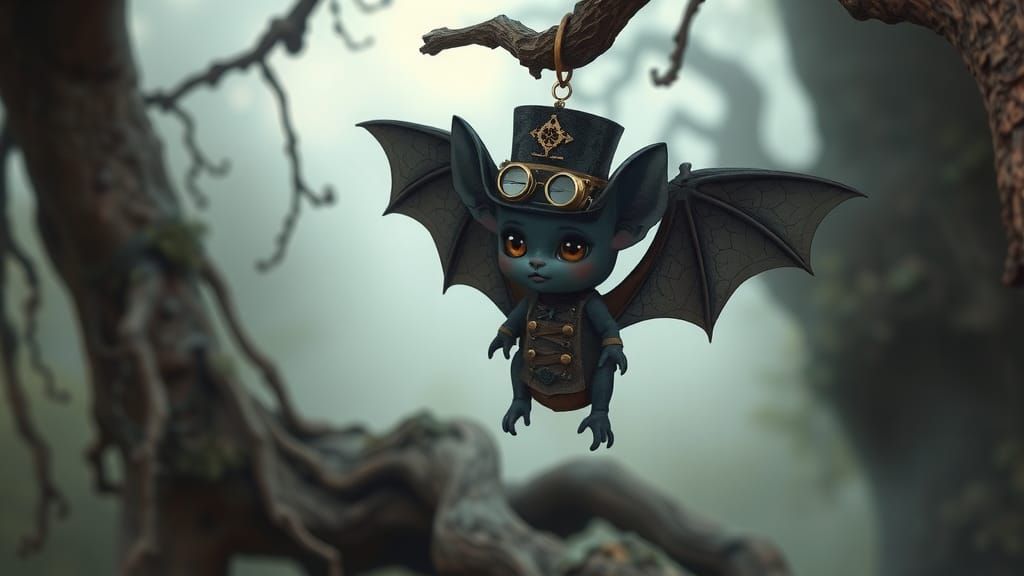 Chibi Steampunk Bat Hanging From Tree Branch