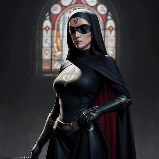 Noir Nun Superhero in Pencil Art Style