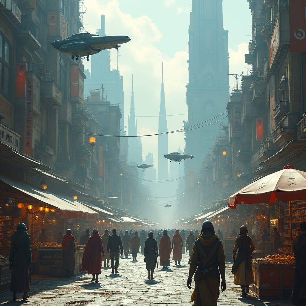 Futuristic City Marketplace with Flying Vehicles
