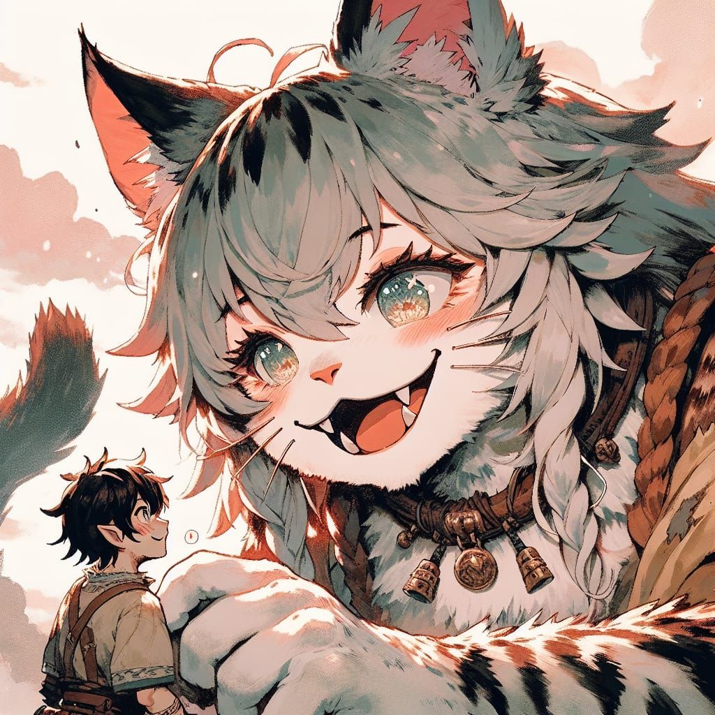 Anime Kitten Protects Tiny Man in Fantasy Scene