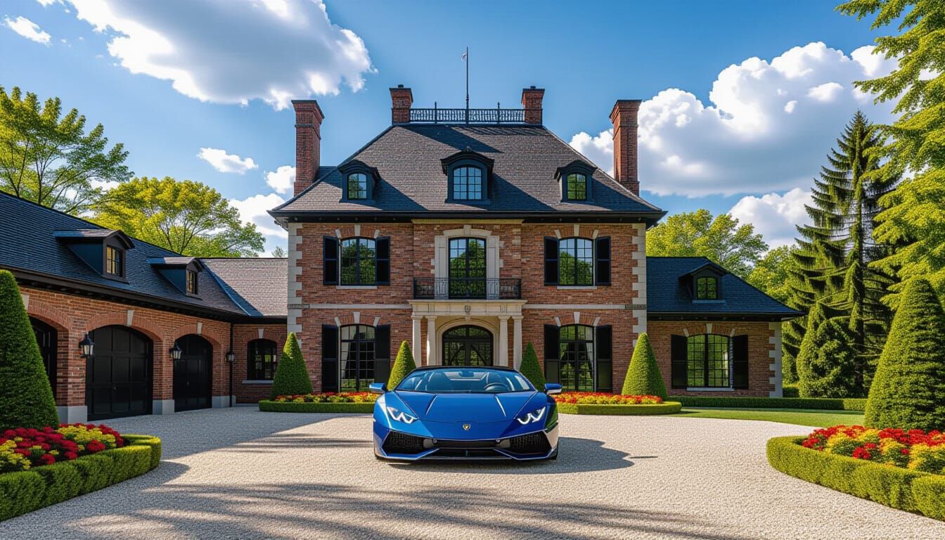 Victorian Chateau with Lamborghini in Summer Garden