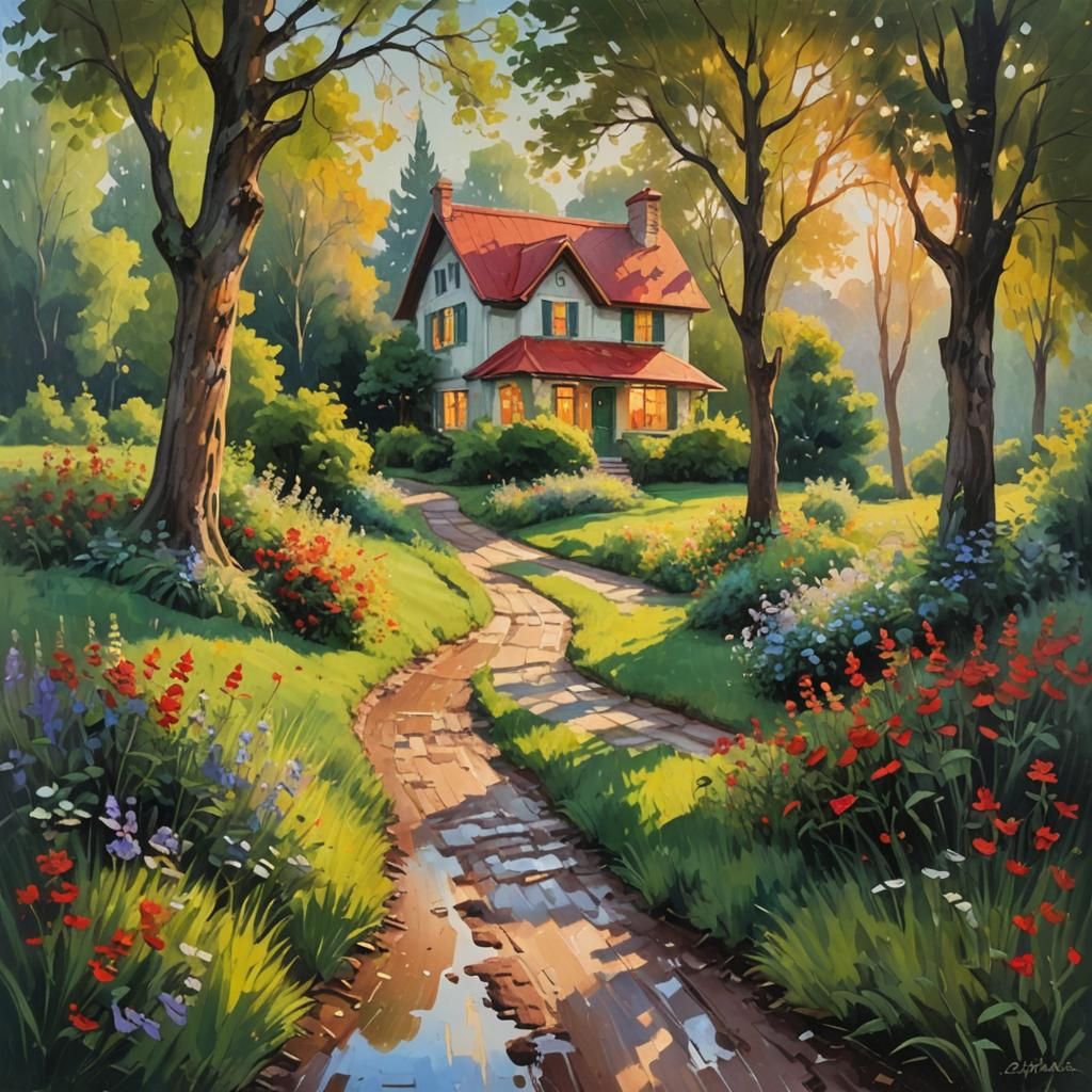 Cozy Cottage in Summer Rain, Impressionist Oil Painting
