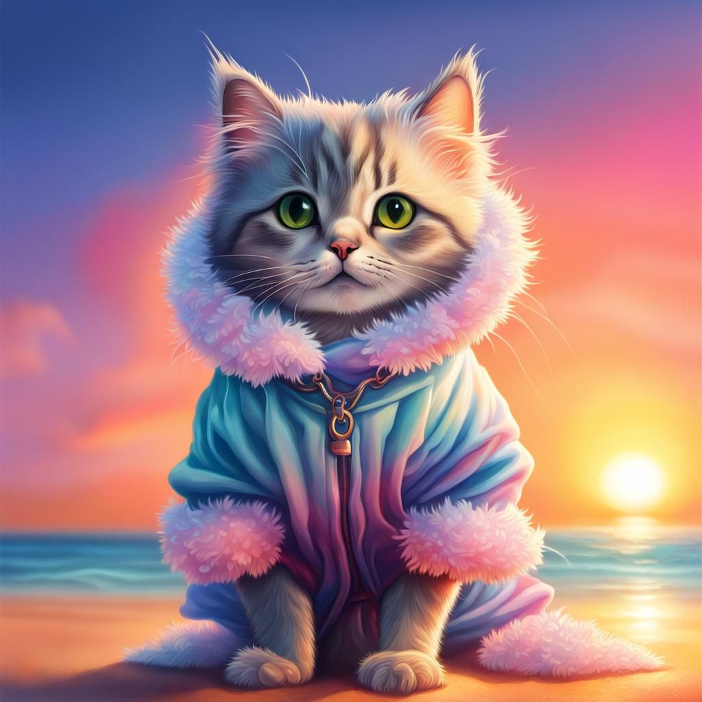 Hyperrealistic Cat on the Beach at Sunset