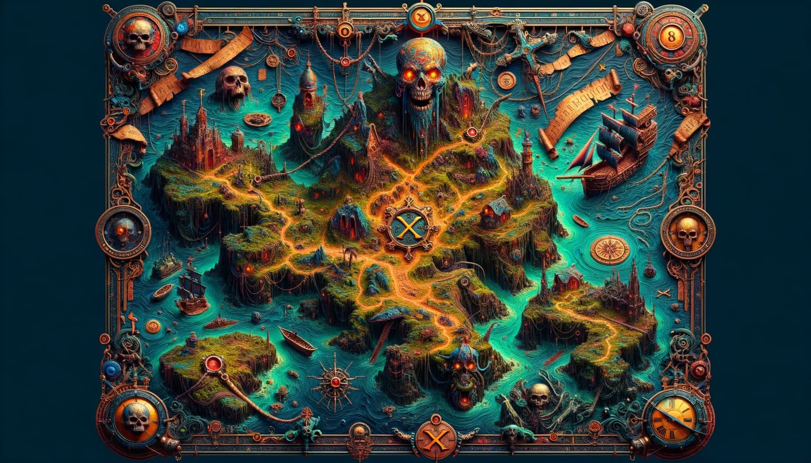 Mysterious 3D Pirate Treasure Map in Vibrant 19th Century Fa...