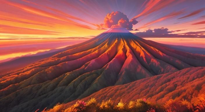 Mount Batur Sunrise: Vibrant Oil Painting Landscape