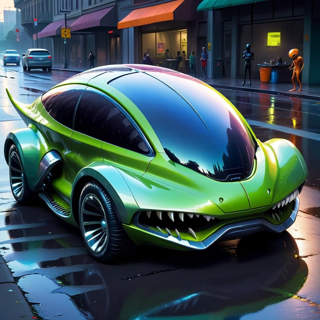 Alien-Inspired Concept Car on Wet Pavement