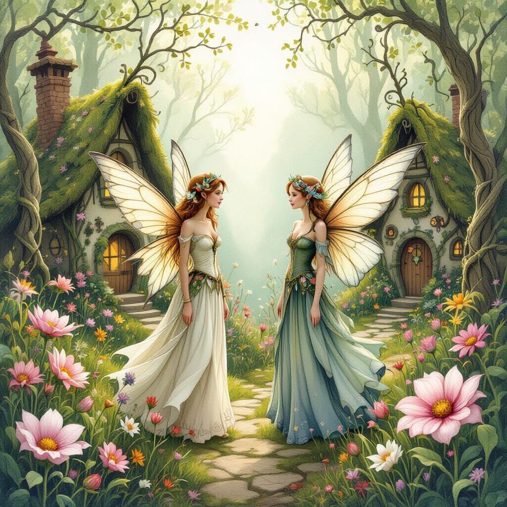 Whimsical Fairy Village Amidst Wildflowers, Watercolor Style