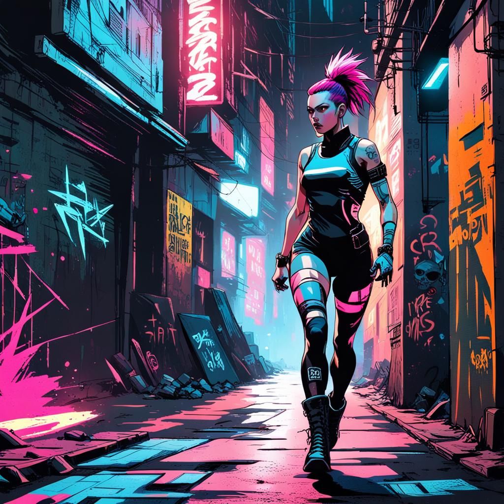 Cyberpunk Girl Runs Through Graffiti Alleyway