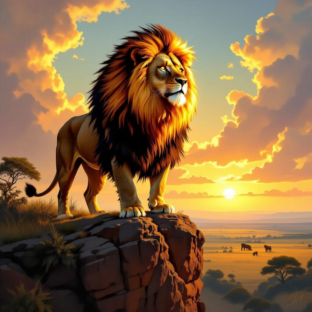 Fiery Lion on Savanna Cliff in Baroque Style