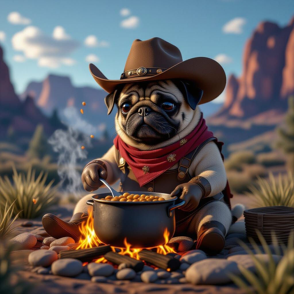 Pug Cowboy Chef Cooks Beans Over Campfire in Fantasy Art Sty...