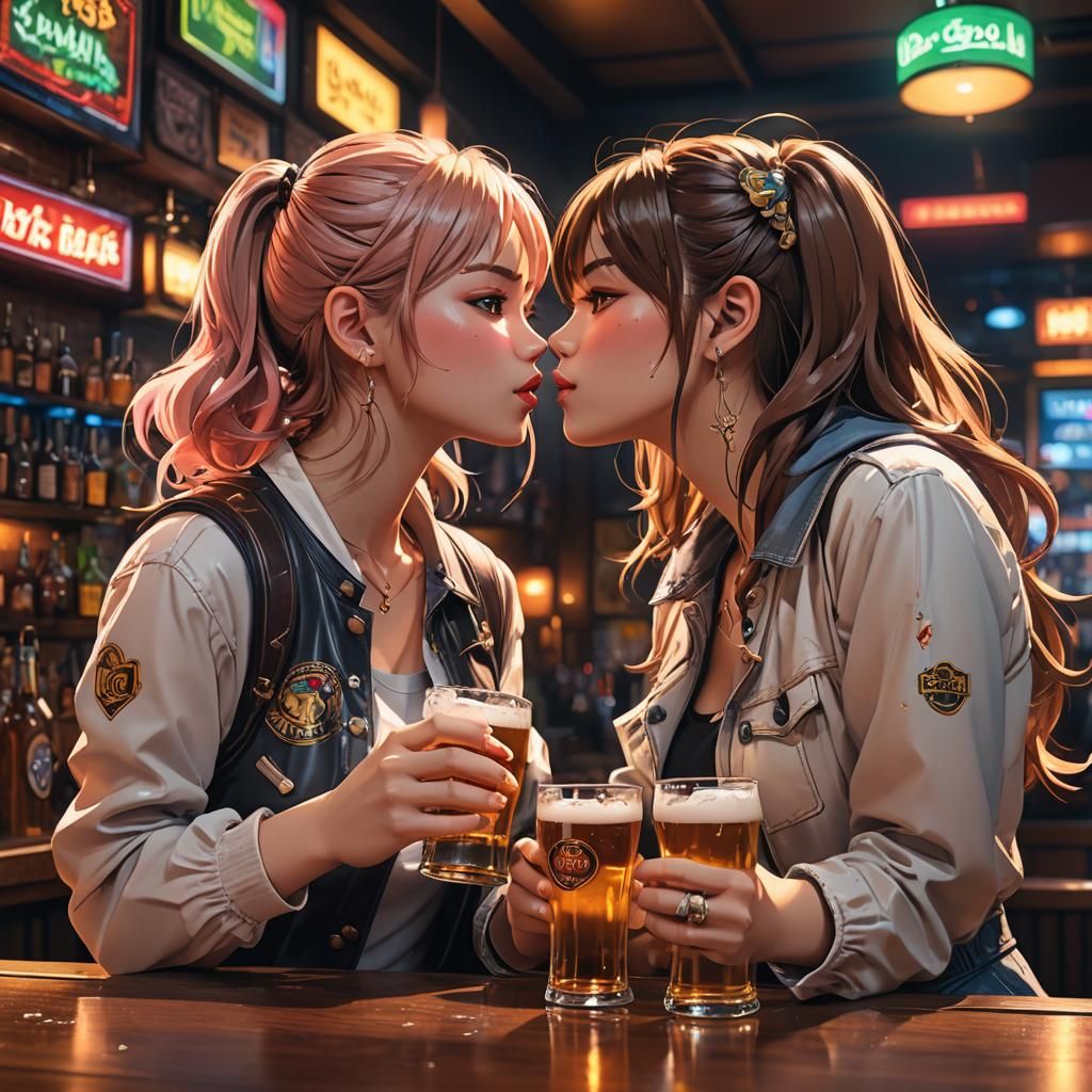 Anime Girls Kissing in Trendy Bar: 3D Art
