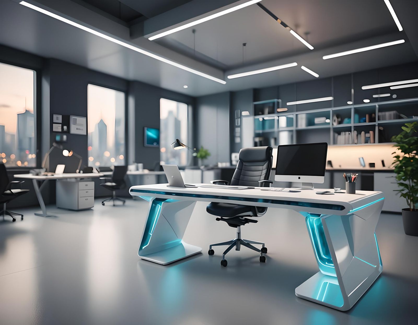 Futuristic Office Desk in 3D with Bokeh