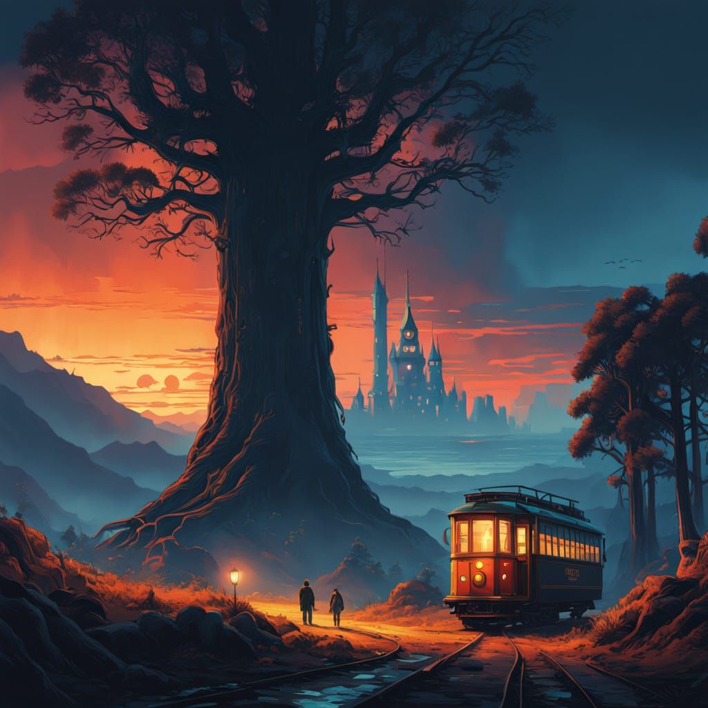 Cyberpunk City Tree in Sunset Splendor