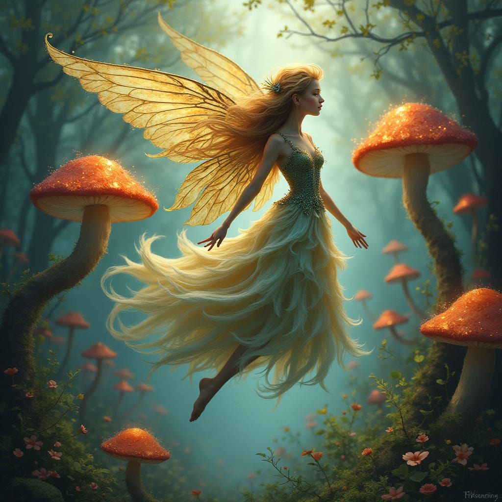 Fairy flying over mushroom forest
