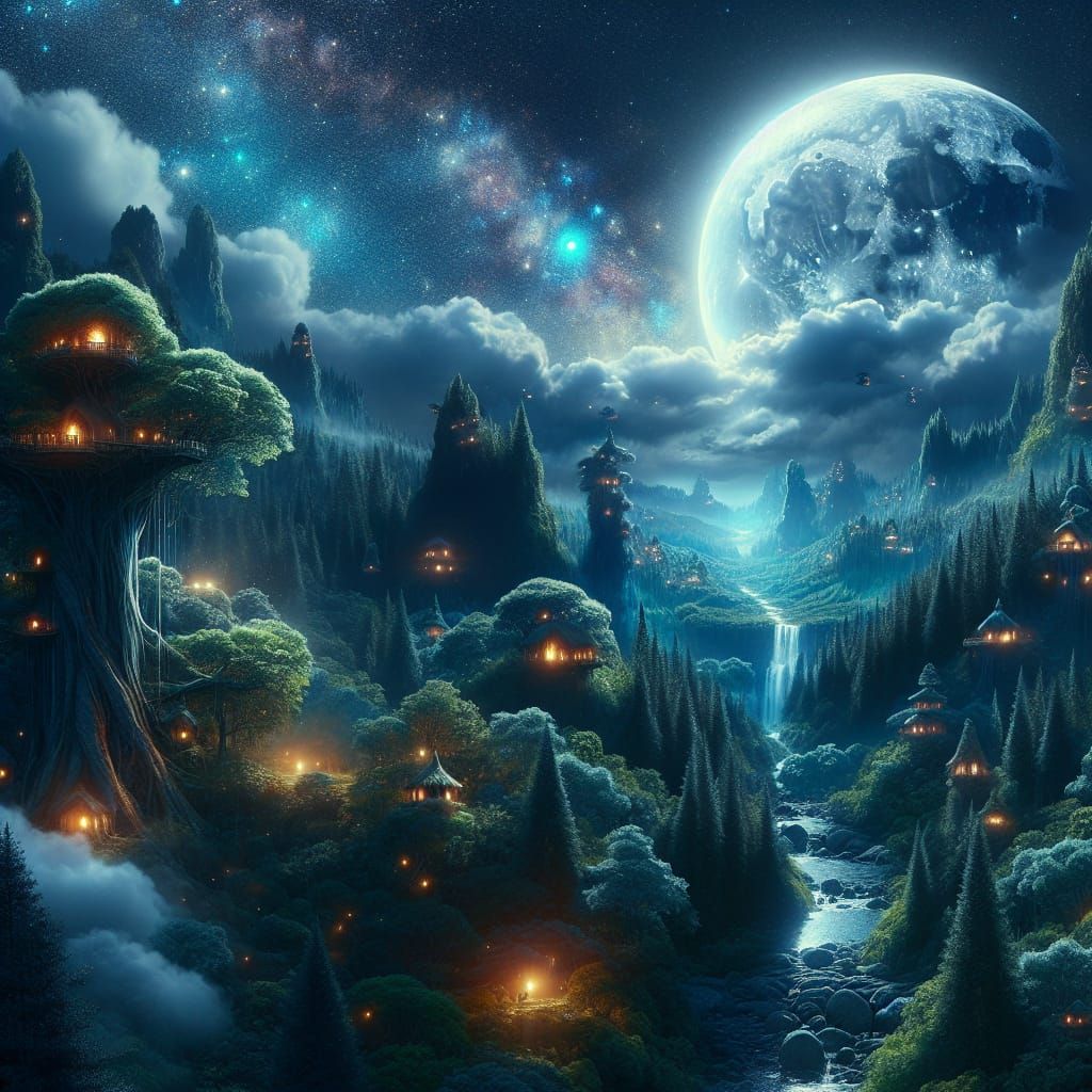 Moonlit Valley with Fairy Treehouses: Concept Art
