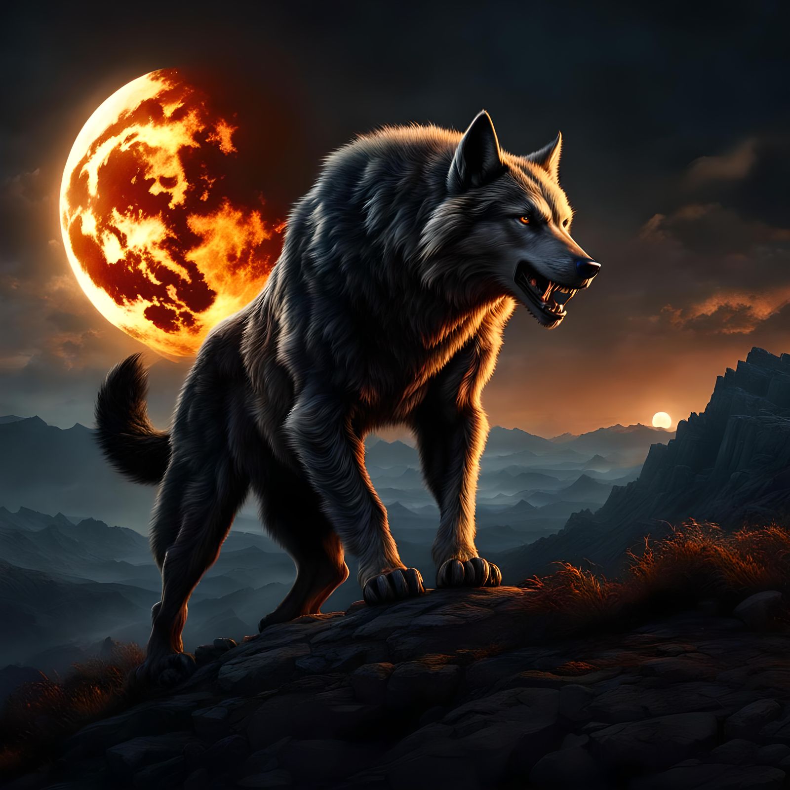 Fiery Werewolf on a Hill Under Full Moon