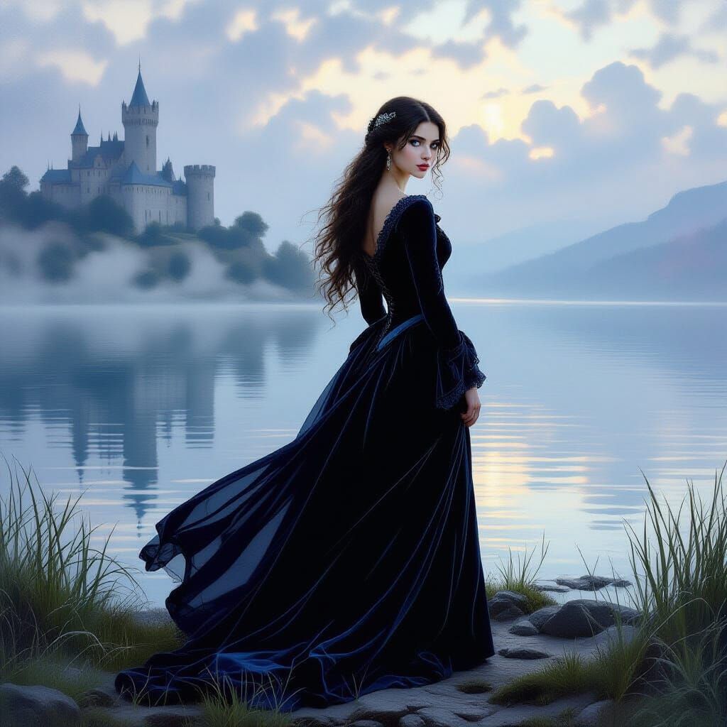 Ethereal Woman Gazing at Castle in Pre-Raphaelite Style