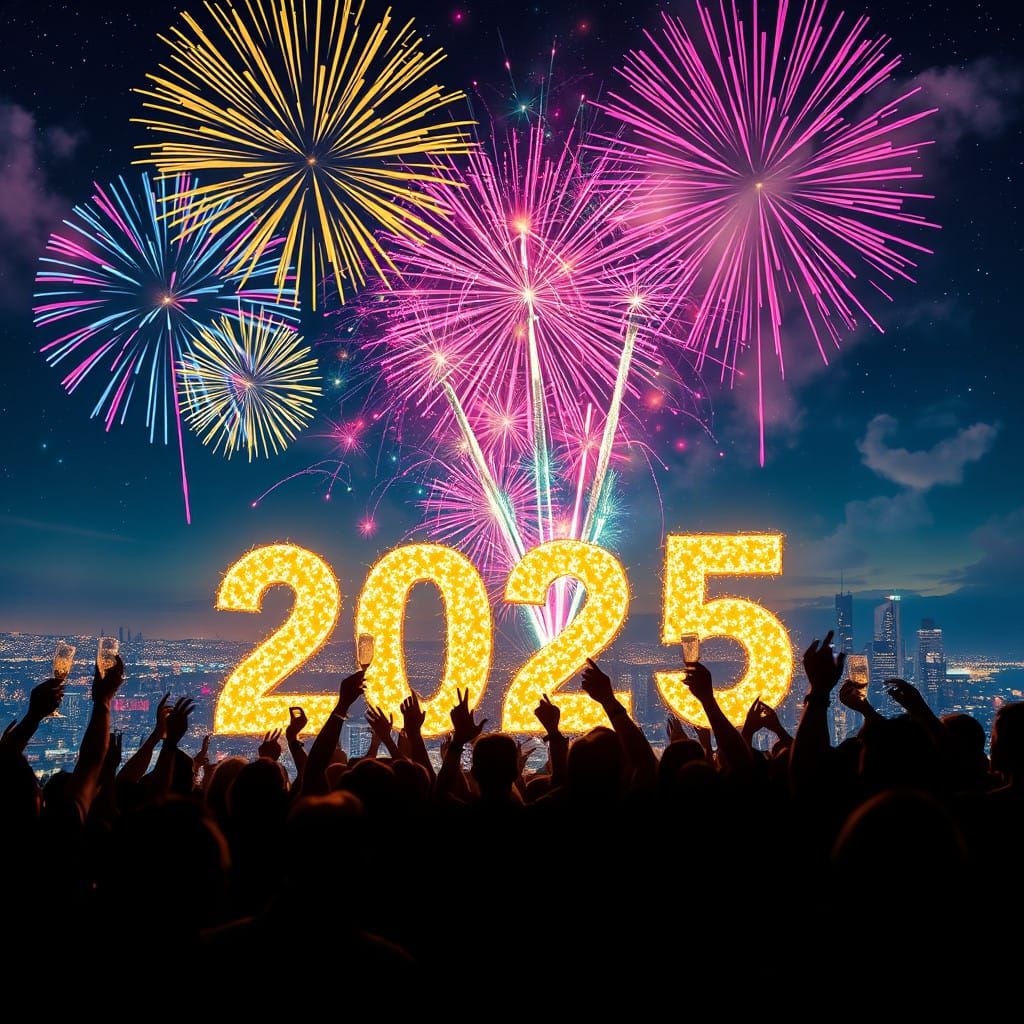 Vibrant New Year's Eve Celebration in a Fantastical Cityscap...