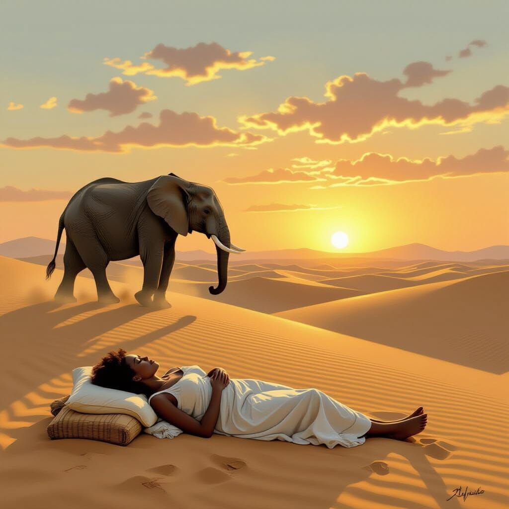 Gypsy Sleeps in African Desert as Elephant Passes