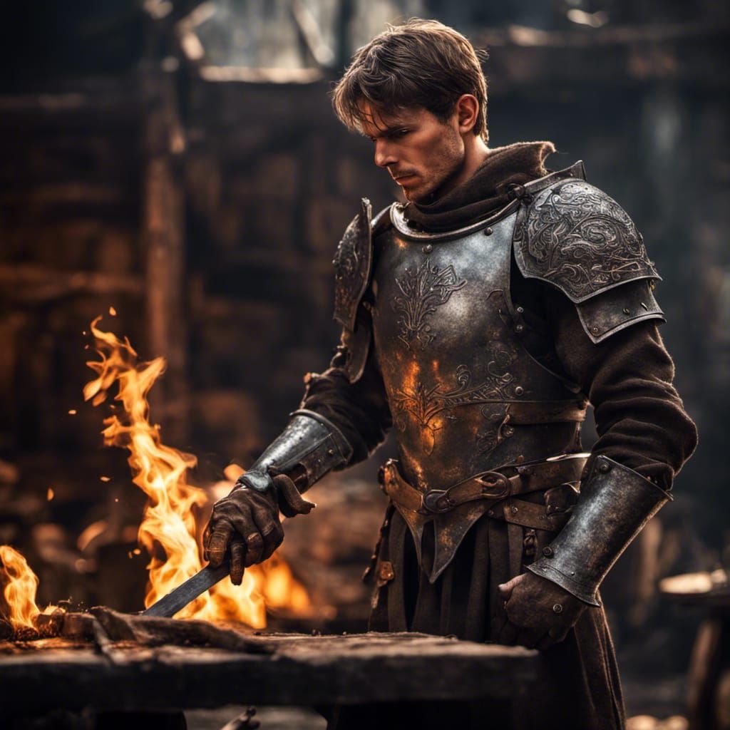 Young Blacksmith with Fire Hands in D&D Setting